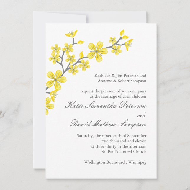 Agradable invitación a la boda de flores amarillas (Anverso)