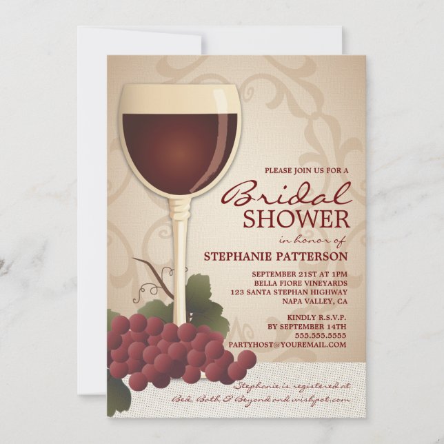 Agradable invitación a la ducha de novias con vino (Anverso)