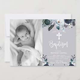 Agradable invitación al bautismo floral Rosa azul