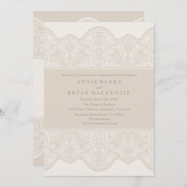 Agradables invitaciones de bodas de encaje beige (Anverso / Reverso)