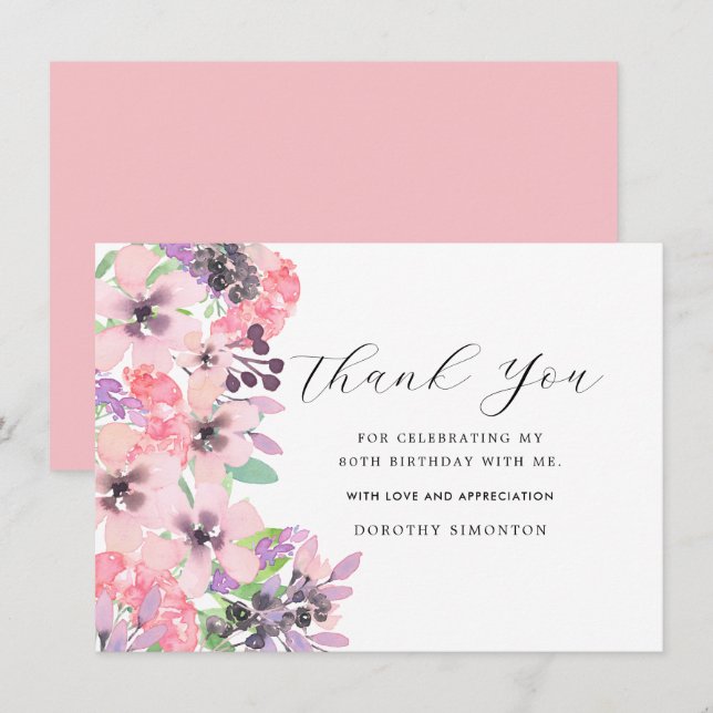 Agradecimiento a la flor violeta rosada 80 cumplea (Anverso / Reverso)