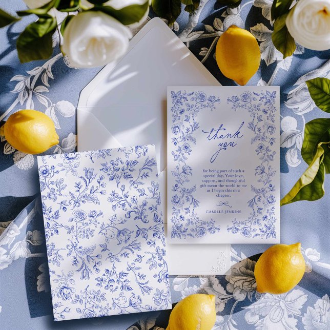 Agradecimiento Algo de Blue Toile Bridal Shower - Tarjeta de agra (Something Blue Floral Bridal Shower Thank You Card)