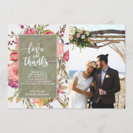 Agradecimiento amor y gracias tarjeta de fotos boho flores rosada