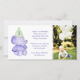 Agradecimiento Baby Elephant 1er cumpleaños Tarjeta de fotos de a