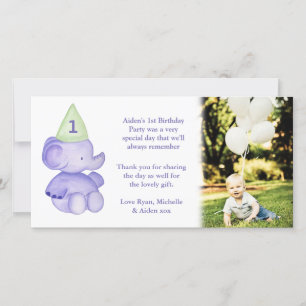 Agradecimiento Baby Elephant 1er cumpleaños Tarjeta de fotos de a