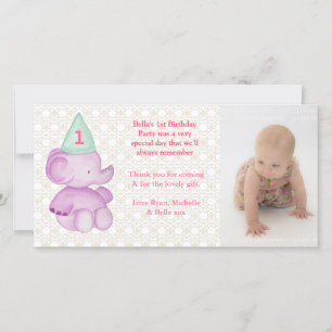 Agradecimiento Baby Elephant 1er cumpleaños Tarjeta de fotos de a