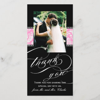 Agradecimiento Black Pink Damask Wedding Gracias tarjeta de fotos