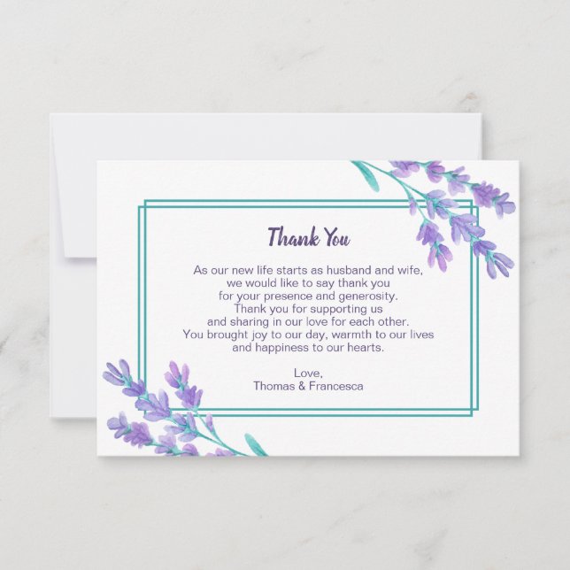 Agradecimiento Boda de acuarela Lavender Tarjeta de agradecimient (Anverso)