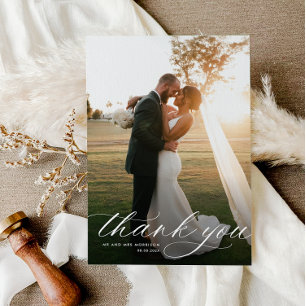 Agradecimiento boda de caligrafía blanca simple tarjeta de agrade