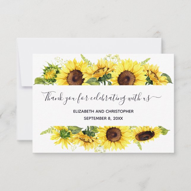Agradecimiento Boda de caligrafía de girasoles Gracias tarjeta (Anverso)