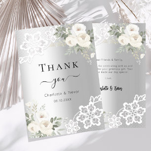 Agradecimiento Boda de encaje floral blanco plateado tarjeta de a