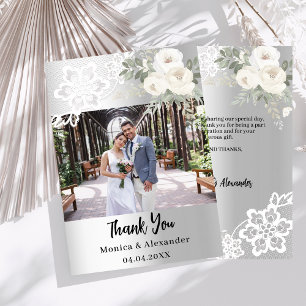 Agradecimiento Boda de encaje floral blanco plateado tarjeta de a
