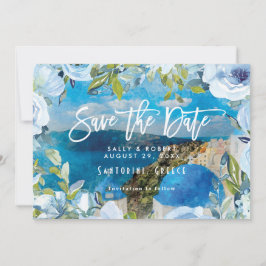 Agradecimiento Boda floral azul de Santorini salva la tarjeta de 
