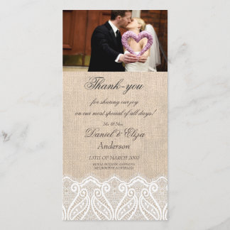 Agradecimiento Burlap y Boda de Lace Gracias, tarjeta fotográfica
