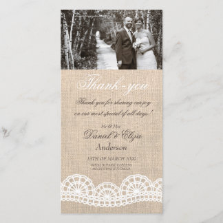Agradecimiento Burlap y Boda de Lace Gracias, tarjeta fotográfica