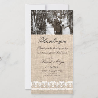 Agradecimiento Burlap y Boda de Lace Gracias, tarjeta fotográfica