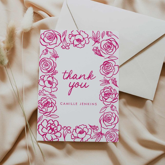 Agradecimiento caprichoso dibujado a mano con flor (Pink Floral Elegant Thank you card)