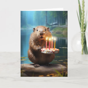 Agradecimiento castor con tarjeta de bizcocho de cumpleaños