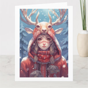 Agradecimiento Chica Adorable Deer Anime, Red Hoodie, tarjeta de