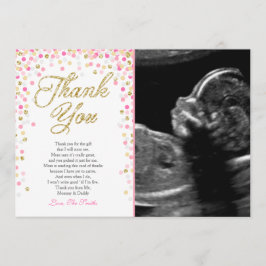 Agradecimiento chica rosa de la tarjeta Confetti Gold de Baby Sho