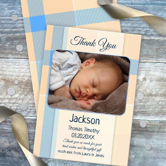Agradecimiento Coral Pastel Plaid Baby Photo Tarjeta de agradecim