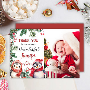Agradecimiento Cute Pingüino Navidades 1er cumpleaños Tarjeta de