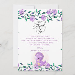 Agradecimiento Cute Purple Dinosaur Baby Shower Tarjeta de agrade
