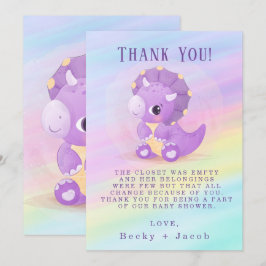 Agradecimiento Cute Purple Dinosaur Baby Shower Tarjeta de agrade