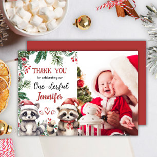 Agradecimiento Cute Raccoon Navidades 1er cumpleaños Tarjeta de a