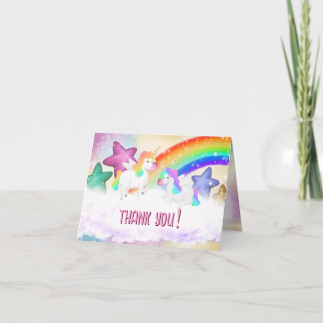Agradecimiento Cute Rainbow Unicorn Pastel doblado Tarjeta de agr (Anverso)