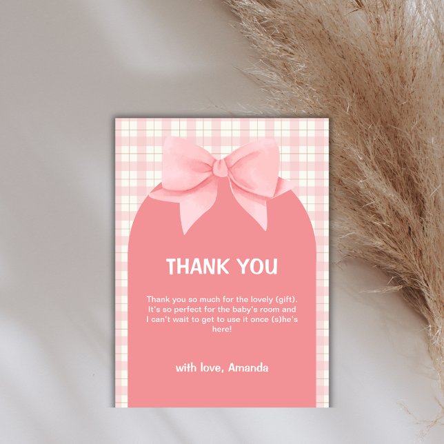 Agradecimiento de baby shower con lazo de arco de  (Pink Gingham Plaid Arch Bow Baby Shower Thank You)