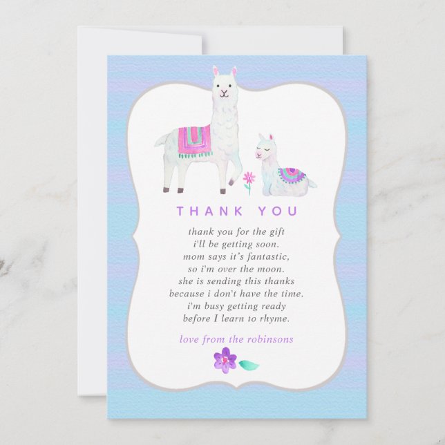 Agradecimiento de Baby Shower con tema de Llama en (Anverso)