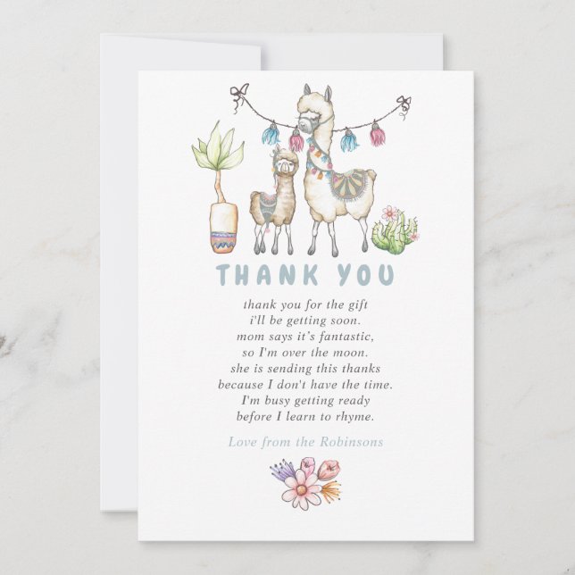 Agradecimiento de Baby Shower con tema de Llama en (Anverso)