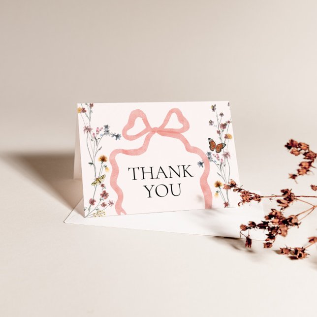 Agradecimiento de Baby Shower de Flor Silvestre Bo (Pink Bow Wildflower Baby Shower Thank You)