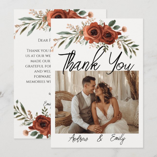 Agradecimiento de boda boho floral terracota malhu (Anverso / Reverso)