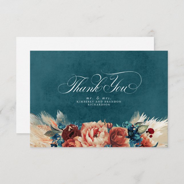 Agradecimiento de boda boho floral terracota teal (Anverso / Reverso)