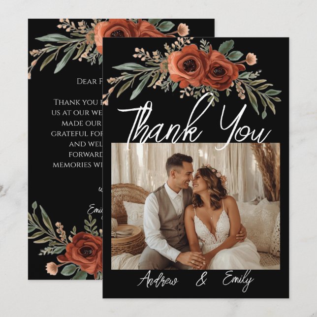Agradecimiento de boda boho floral terracota tempe (Anverso / Reverso)
