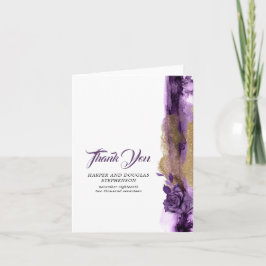 Agradecimiento de boda con brillo dorado y púrpura