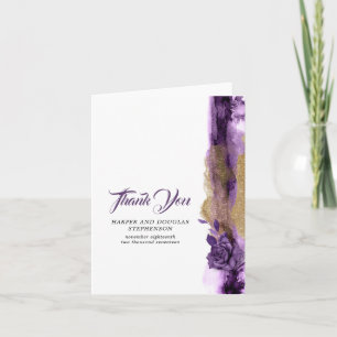 Agradecimiento de boda con brillo dorado y púrpura