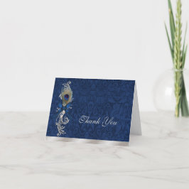 Agradecimiento de boda con damasco azul y pluma de