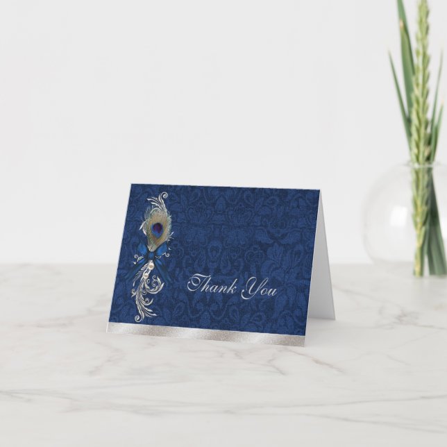 Agradecimiento de boda con damasco azul y pluma de (Anverso)