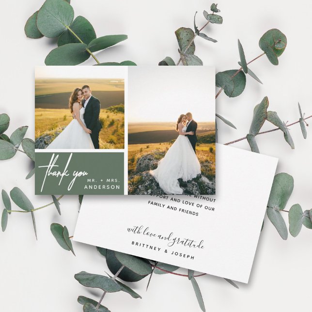 Agradecimiento de boda con foto moderna en verde s (Two photo hand lettered thank you wedding card with a minimalistic design perfect for any couple.)
