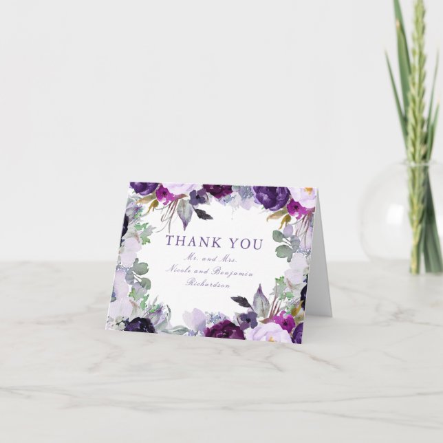Agradecimiento de Boda de Flores de Acuarela Purpu (Anverso)