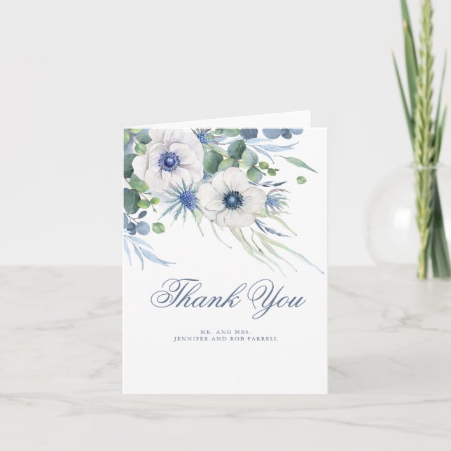 Agradecimiento de boda de flores verdes azul polvo (Anverso)