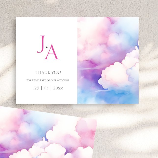 Agradecimiento de boda de nubes de acuarela rosada (Pink Blue White Clouds Monogram Wedding Thank You)