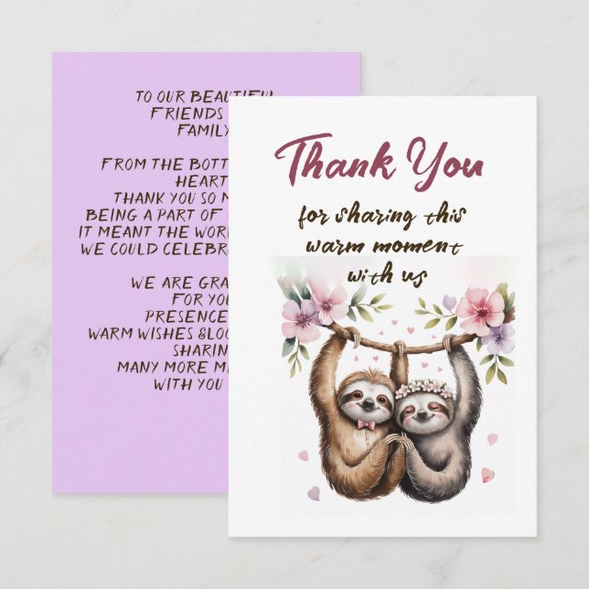 Agradecimiento de Boda de Pareja de Perezoso Adora (Anverso / Reverso)
