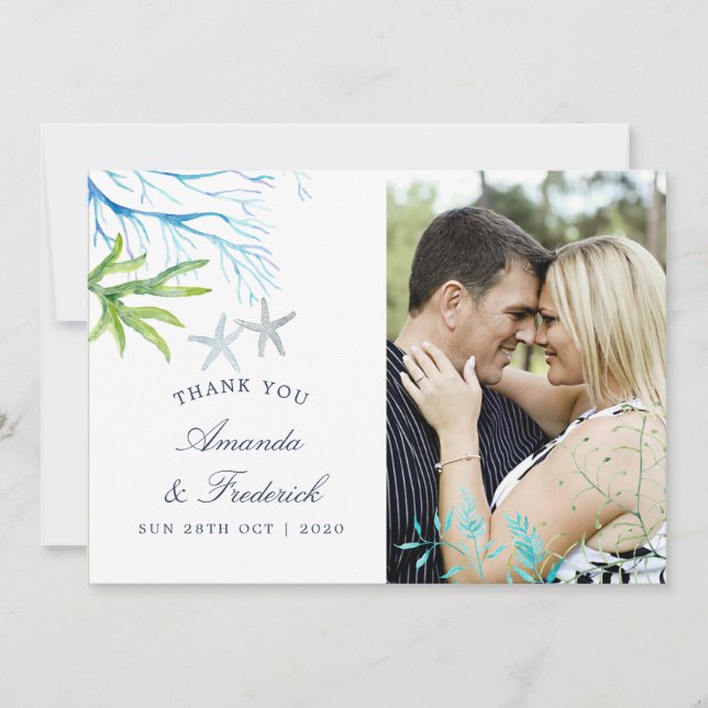 Agradecimiento de boda de playa con algas de acuar (Anverso)