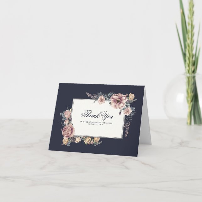 Agradecimiento de boda elegante floral azul marino (Anverso)