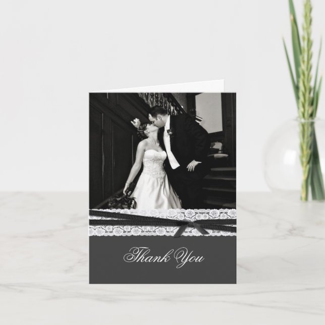 Agradecimiento de boda en gris chic con encaje bla (Anverso)