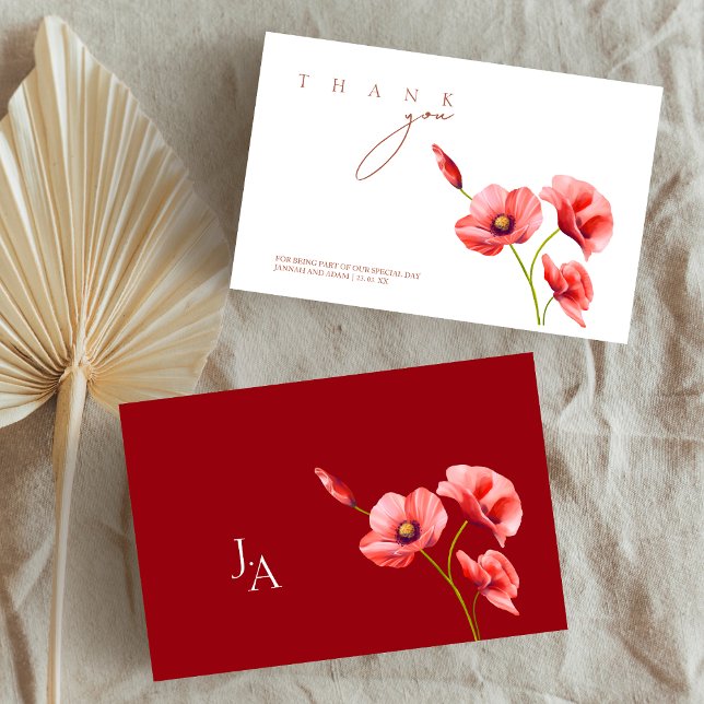 Agradecimiento de boda floral de amapolas rojas cr (Crimson Red Poppies Floral Wedding Thank You Card)